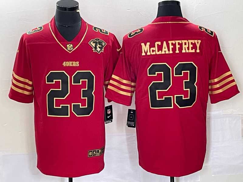 Men's San Francisco 49ers #23 Christian McCaffrey Red 75th Patch Golden Edition Stitched Nike Limited Jersey Dzhi,We sell and wholesale Men's San Francisco 49ers #23 Christian McCaffrey Red 75th Patch Golden Edition Stitched Nike Limited Jersey Dzhi on line form chian!